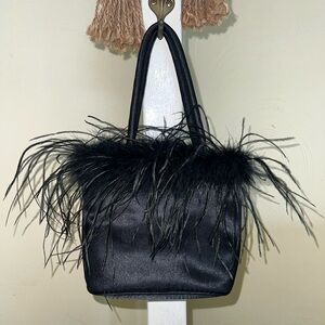 Vintage Inspired Black Satin Tote with Feather Trim